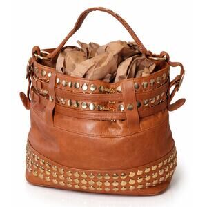 Vtg. Rebecca Minkoff Brown Pebbled Leather Studded Slouchy Hobo Bag